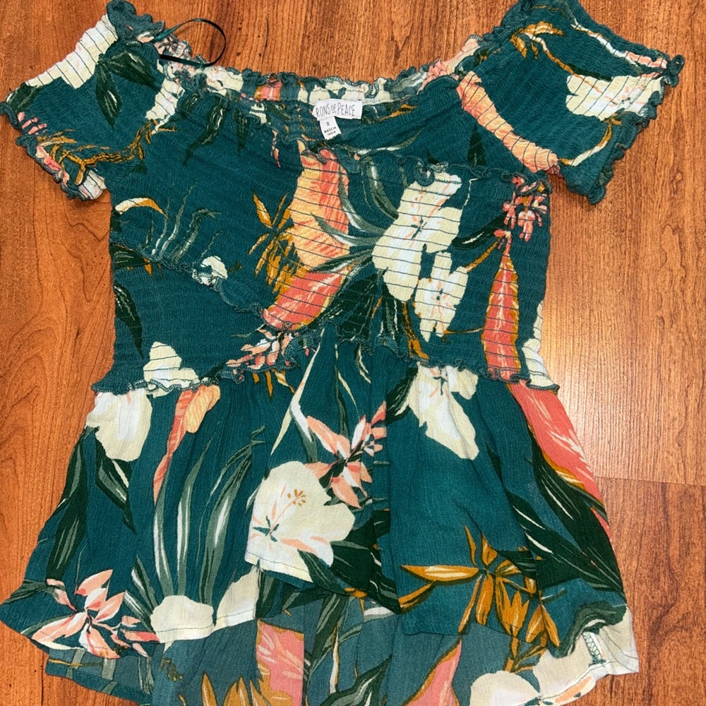 Patrons of Peace Floral Off-Shoulder Blouse - Teal and Pink